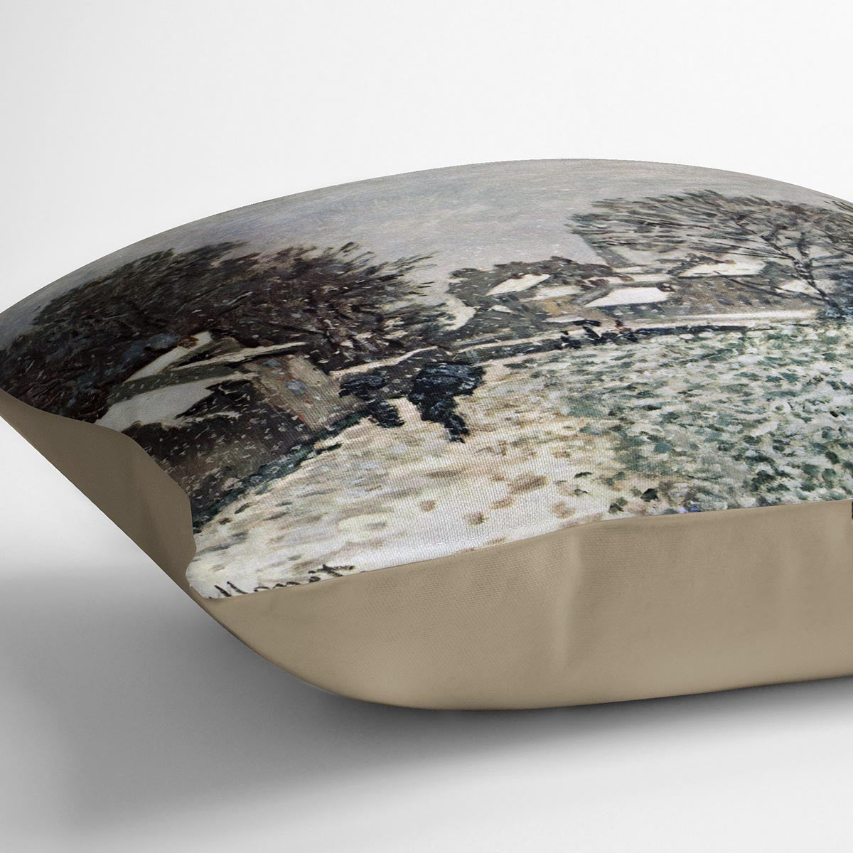 A vibrant cushion featuring Monet's Snow at Argenteuil design, made from luxurious vegan faux suede, showcasing a serene winter landscape.