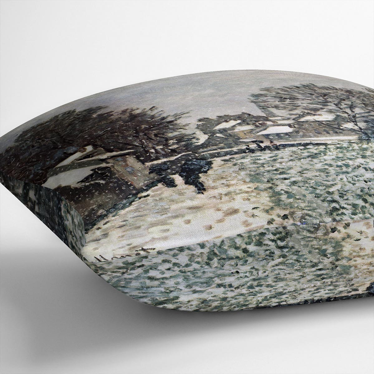 A vibrant cushion featuring Monet's Snow at Argenteuil design, made from luxurious vegan faux suede, showcasing a serene winter landscape.