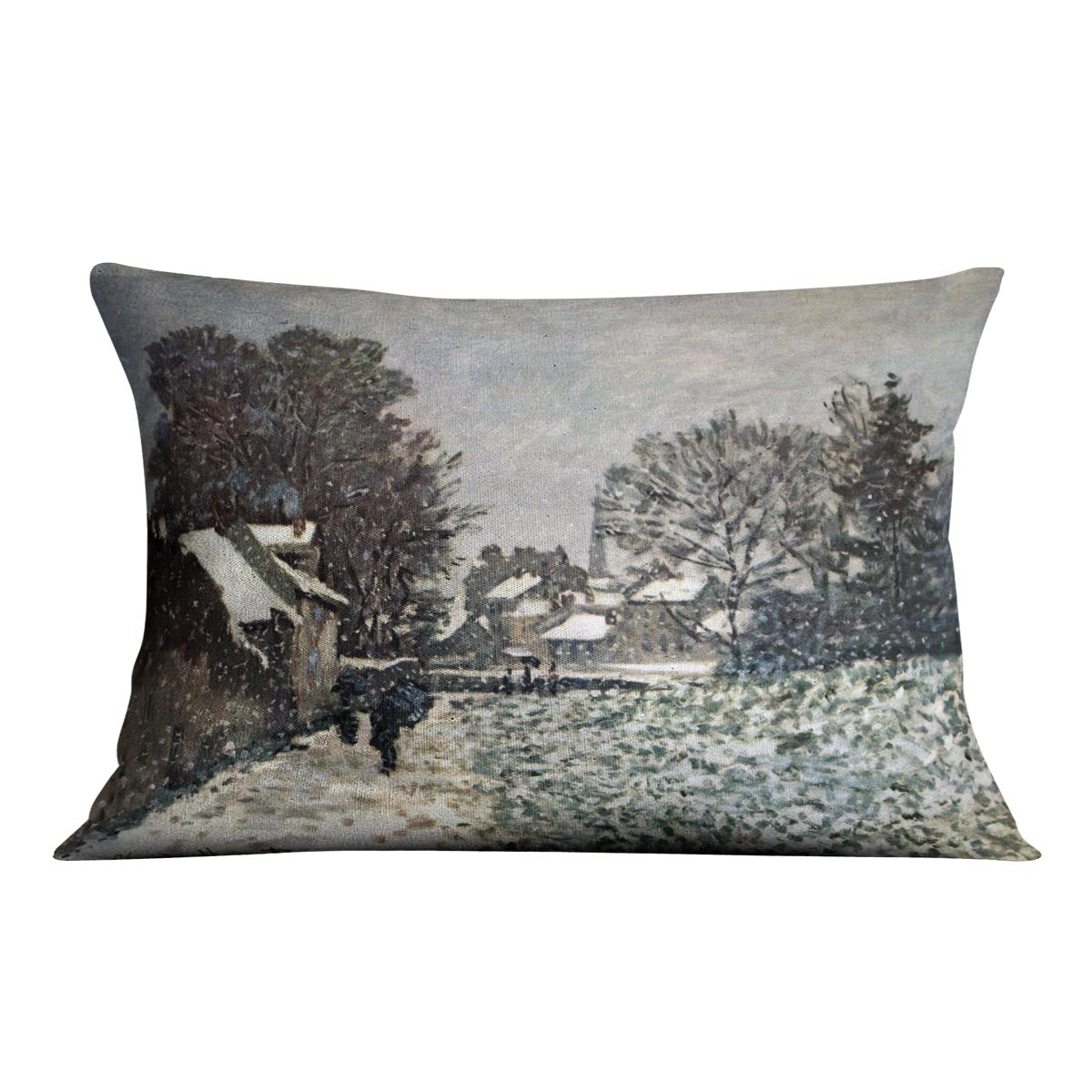 A vibrant cushion featuring Monet's Snow at Argenteuil design, made from luxurious vegan faux suede, showcasing a serene winter landscape.