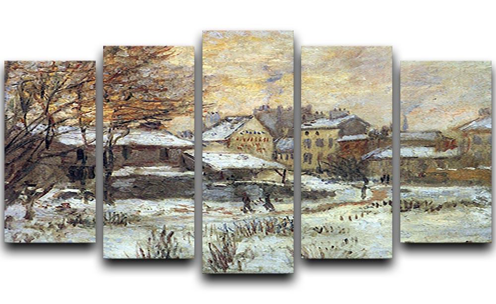 5 split panel canvas artwork featuring Monet's Snow at Sunset Argenteuil, showcasing a snowy landscape with vibrant colors.