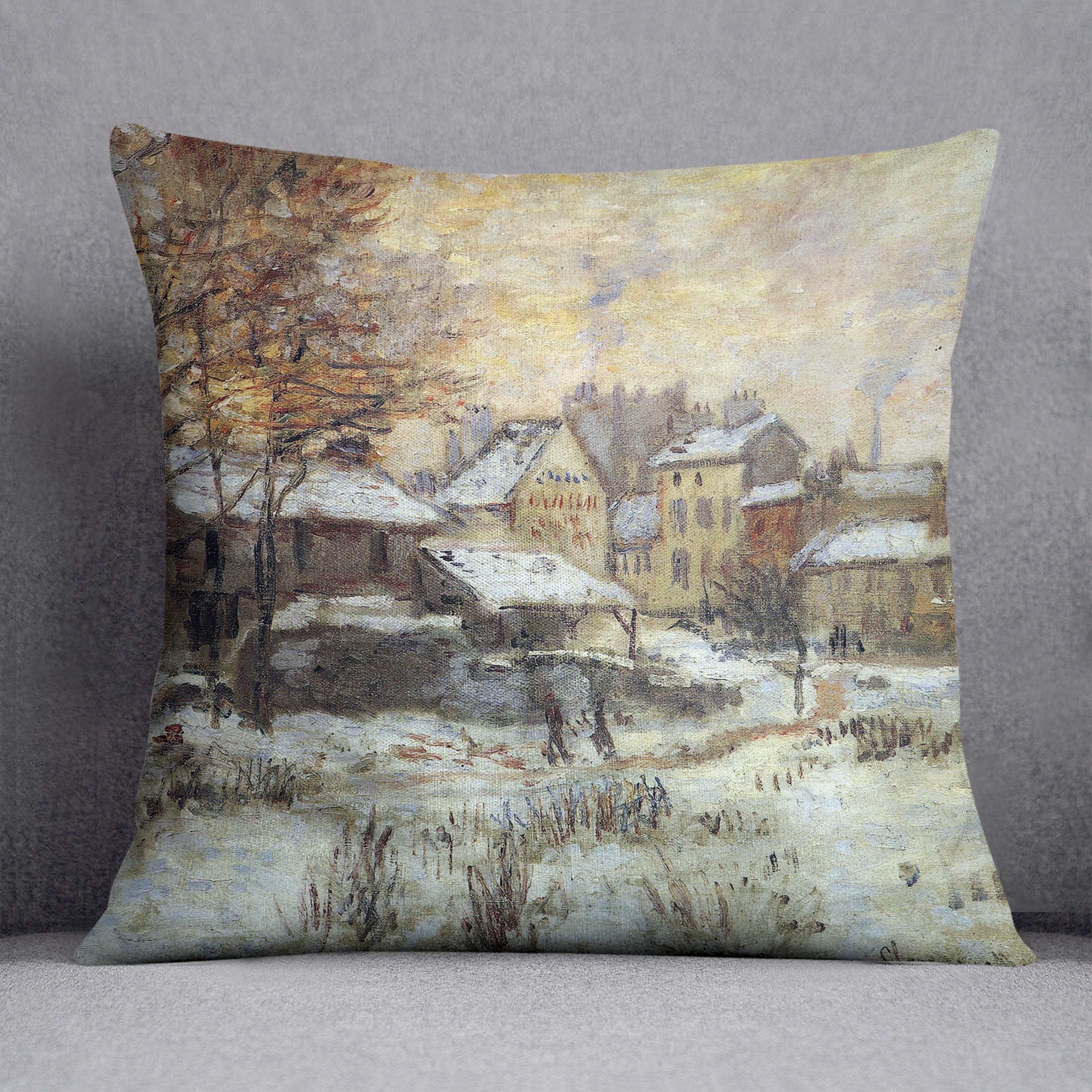 A vibrant cushion featuring Monet's Snow at Sunset Argenteuil artwork, made from luxurious vegan faux suede.