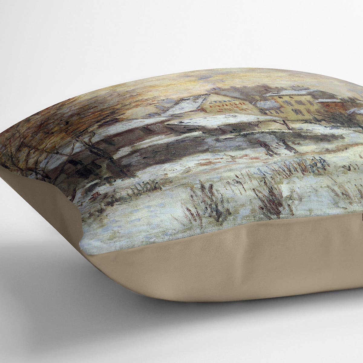 A vibrant cushion featuring Monet's Snow at Sunset Argenteuil artwork, made from luxurious vegan faux suede.