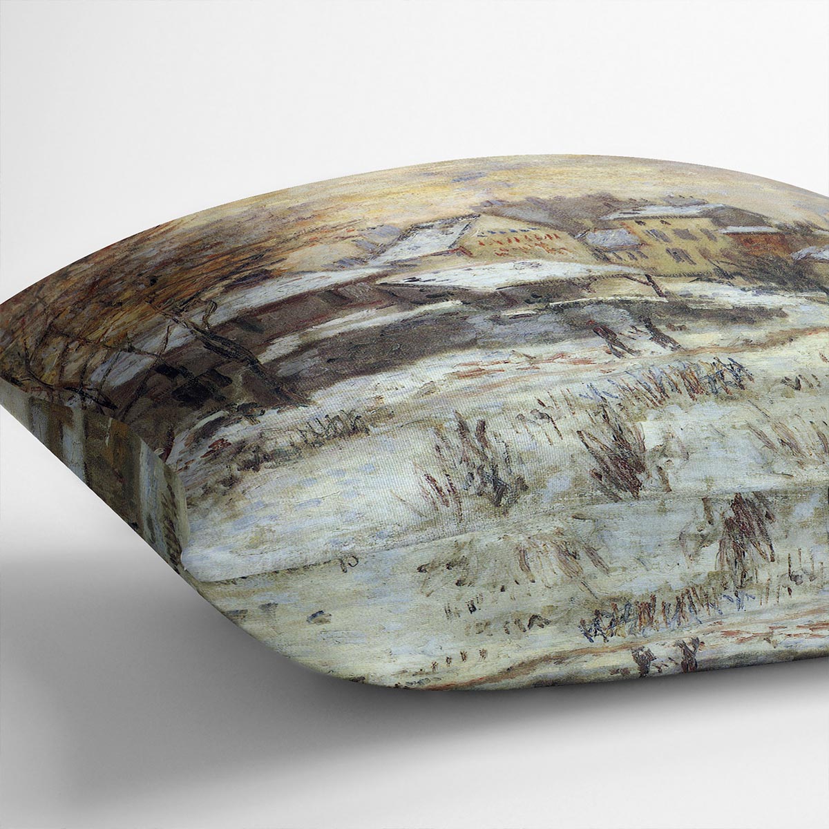 A vibrant cushion featuring Monet's Snow at Sunset Argenteuil artwork, made from luxurious vegan faux suede.