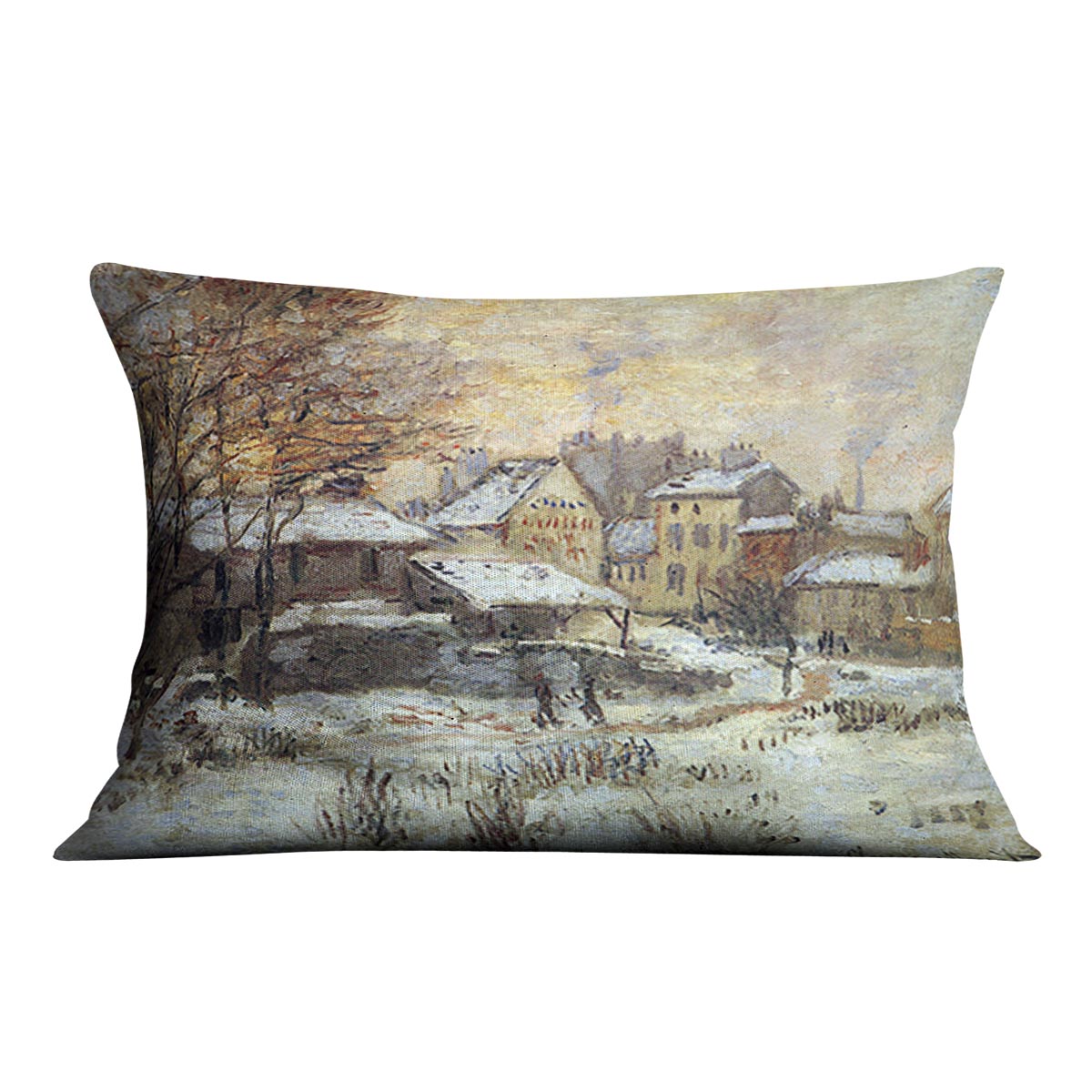 A vibrant cushion featuring Monet's Snow at Sunset Argenteuil artwork, made from luxurious vegan faux suede.