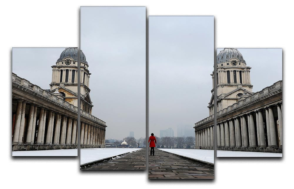 A beautiful 4-split canvas artwork depicting a snowy scene in Greenwich, showcasing four panels that create a cohesive image.