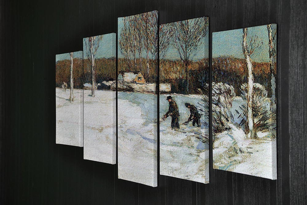 A beautiful 5-split panel canvas artwork featuring snow shovels in a winter landscape, showcasing vibrant colors and dynamic design.