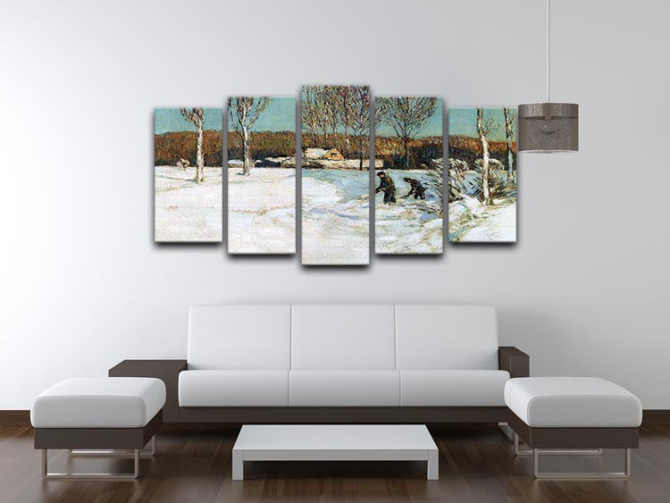 A beautiful 5-split panel canvas artwork featuring snow shovels in a winter landscape, showcasing vibrant colors and dynamic design.