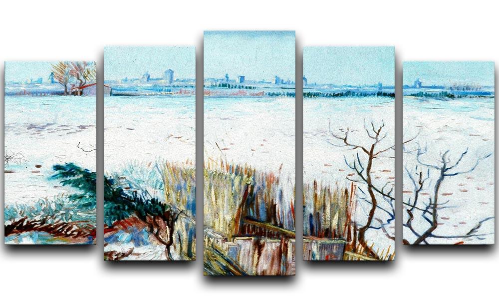 5 split panel artwork of Van Gogh's Snowy Landscape with Arles, showcasing a snowy scene with vibrant colors and dynamic composition.