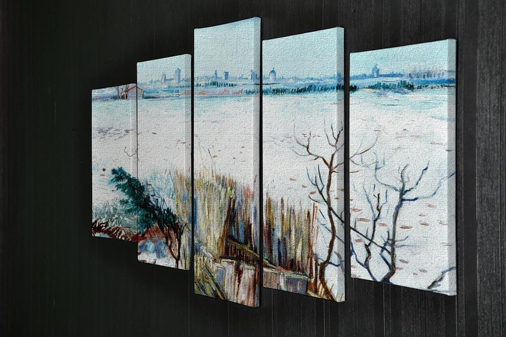 5 split panel artwork of Van Gogh's Snowy Landscape with Arles, showcasing a snowy scene with vibrant colors and dynamic composition.