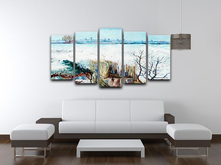 5 split panel artwork of Van Gogh's Snowy Landscape with Arles, showcasing a snowy scene with vibrant colors and dynamic composition.