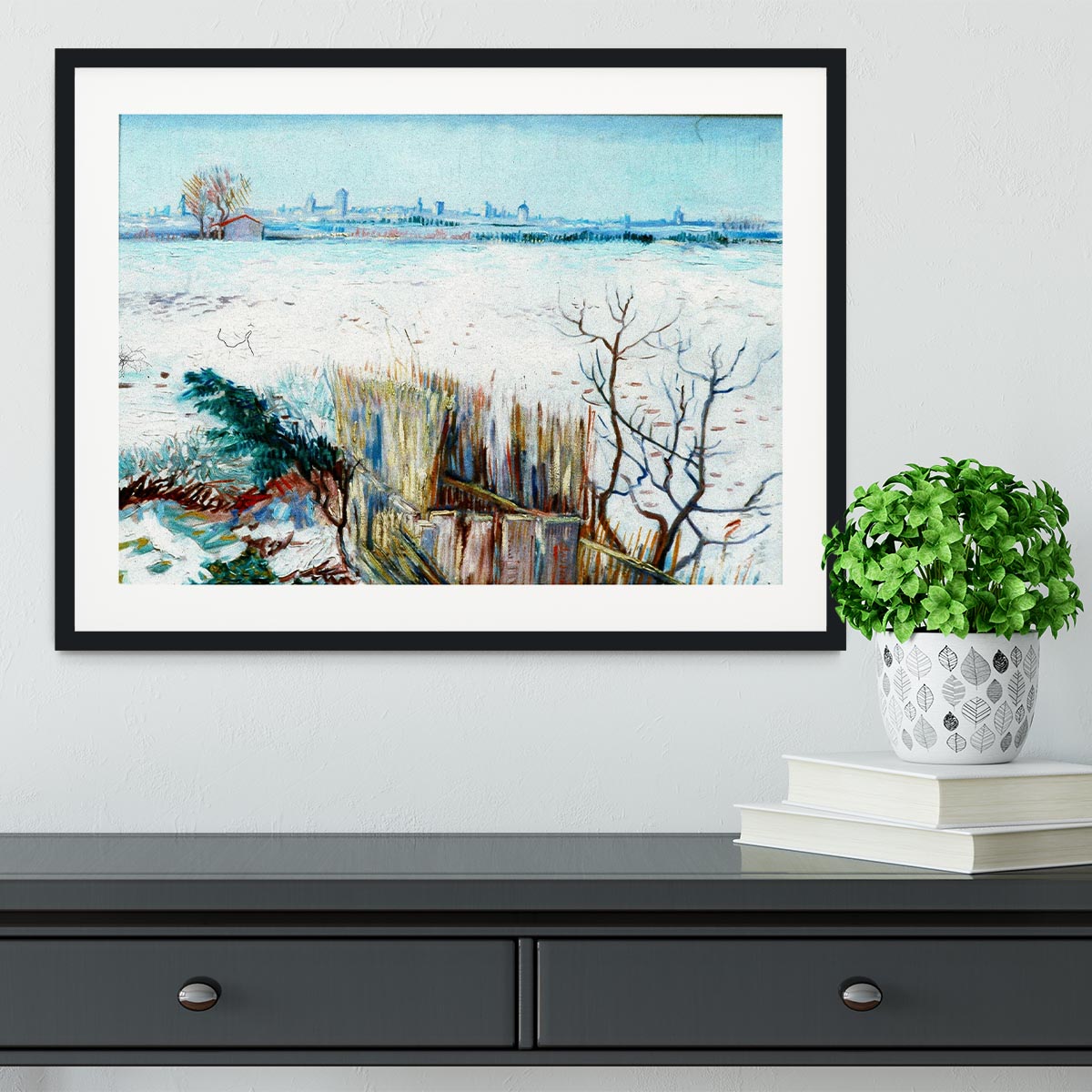 Framed print of Van Gogh's snowy landscape with Arles in the background, showcasing vibrant colors and intricate details.