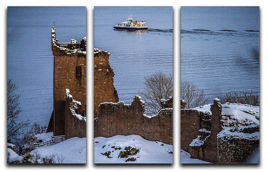 A beautiful 3-panel canvas print featuring Snowy Urquhart Castle, showcasing a serene winter landscape.