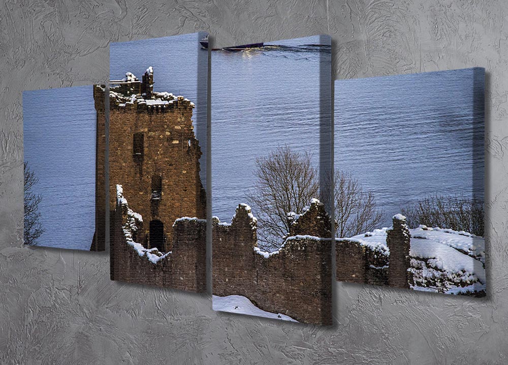 A beautiful 4-split canvas artwork depicting Snowy Urquhart Castle, showcasing a serene winter landscape.