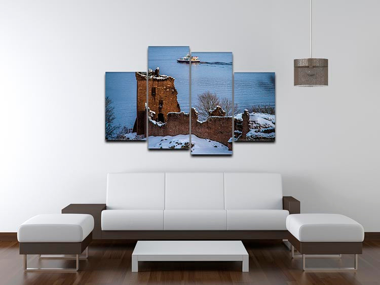 A beautiful 4-split canvas artwork depicting Snowy Urquhart Castle, showcasing a serene winter landscape.