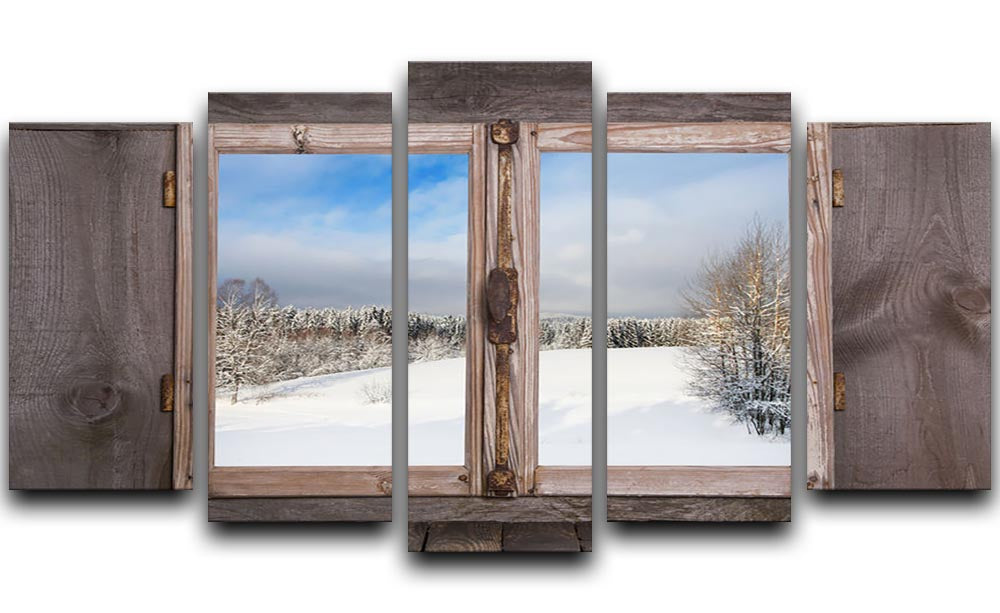 A beautiful snowy winter landscape depicted in a 5-panel split canvas artwork, showcasing serene white snow and tranquil trees.