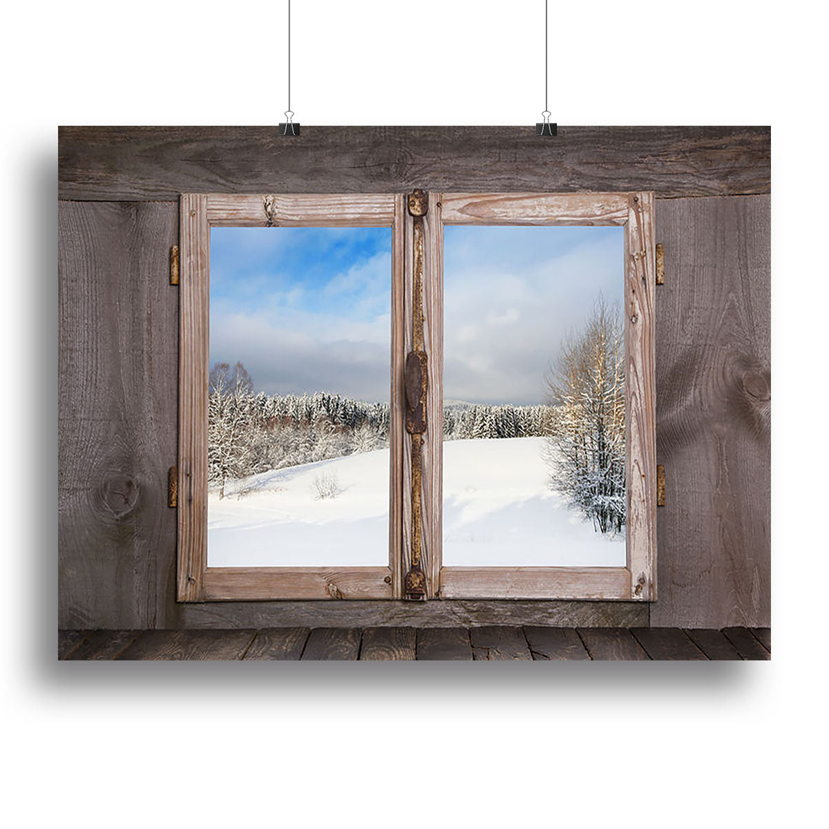 A beautiful snowy winter landscape canvas print showcasing serene white snow covering trees and hills, perfect for home decor.
