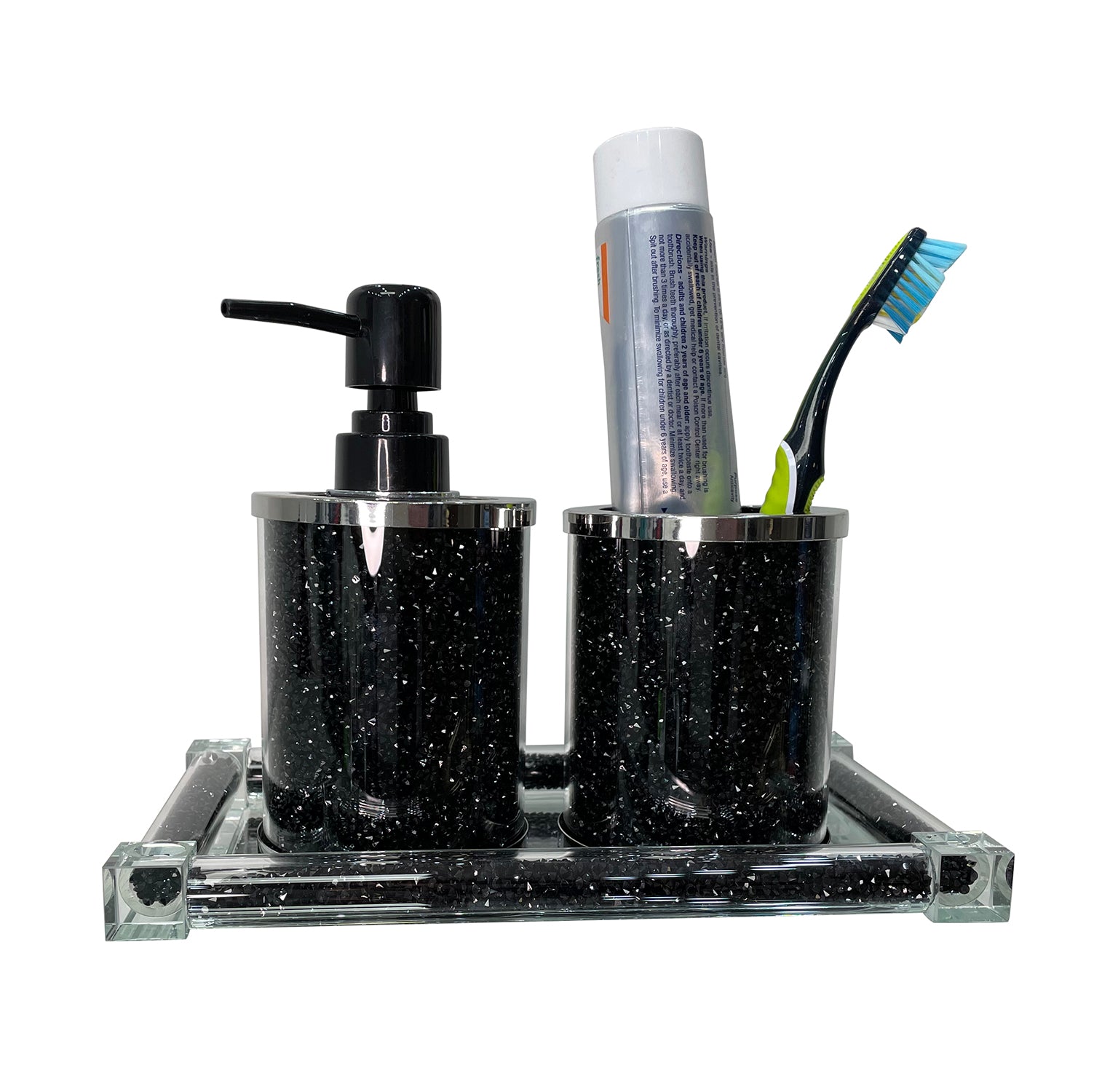 Elegant black crushed diamond soap dispenser and toothbrush holder set with chrome accents, displayed on a tray.