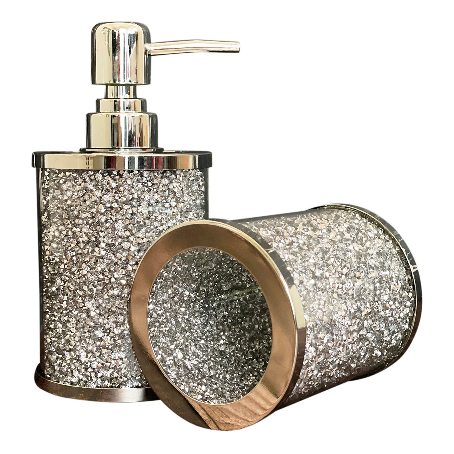 Elegant silver crushed diamond soap dispenser and toothbrush holder set with tray, showcasing modern design and chrome accents.