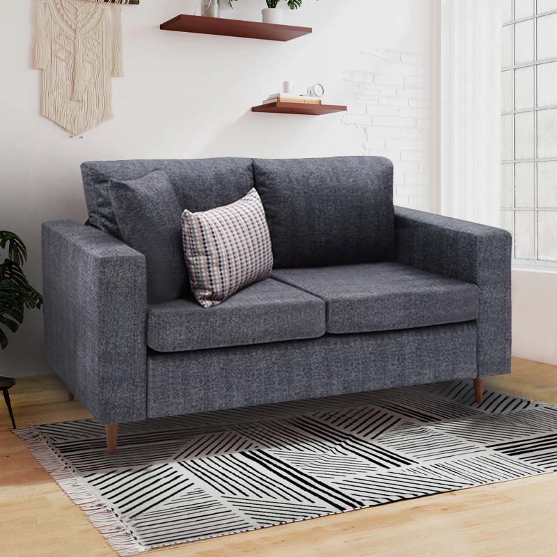 AUGUSTA two-seater sofa in anthracite fabric with walnut wooden legs, showcasing modern design and comfort.