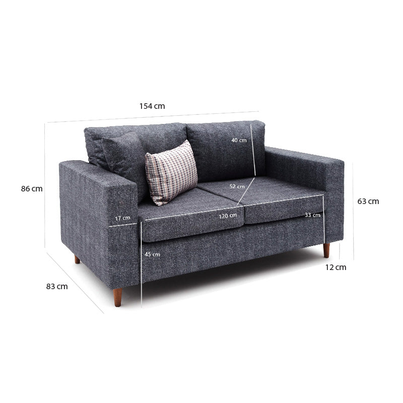 AUGUSTA two-seater sofa in anthracite fabric with walnut wooden legs, showcasing modern design and comfort.