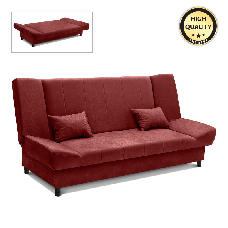 AMORE 3 Seater Sofa Bed in burgundy, showcasing its elegant design and spacious seating.