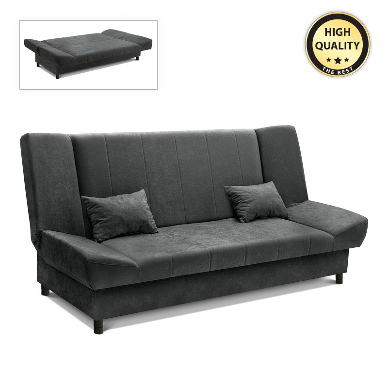 AMORE 3 Seater Sofa Bed in dark grey, featuring a modern design with storage space and microfiber fabric.