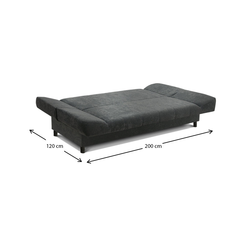 AMORE 3 Seater Sofa Bed in dark grey, featuring a modern design with storage space and microfiber fabric.