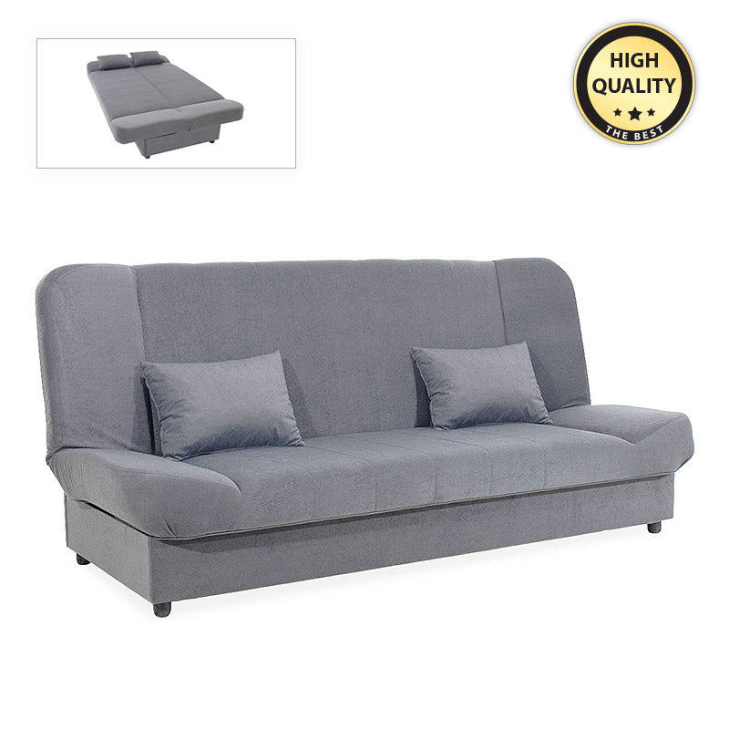 LANA 3 Seater Sofa/Bed in grey with storage space, showcasing its sleek design and comfortable seating.