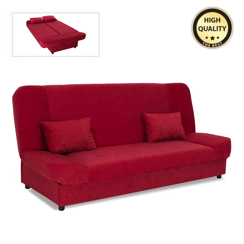 LANA 3 Seater Sofa/Bed in red, showcasing its stylish design and multifunctional features.