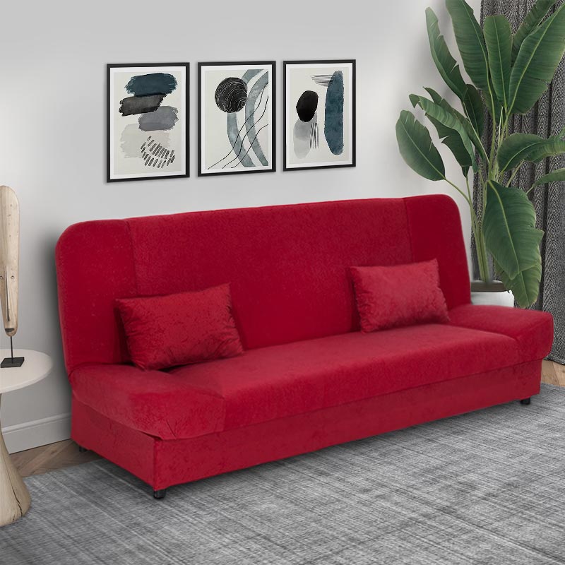 LANA 3 Seater Sofa/Bed in red, showcasing its stylish design and multifunctional features.