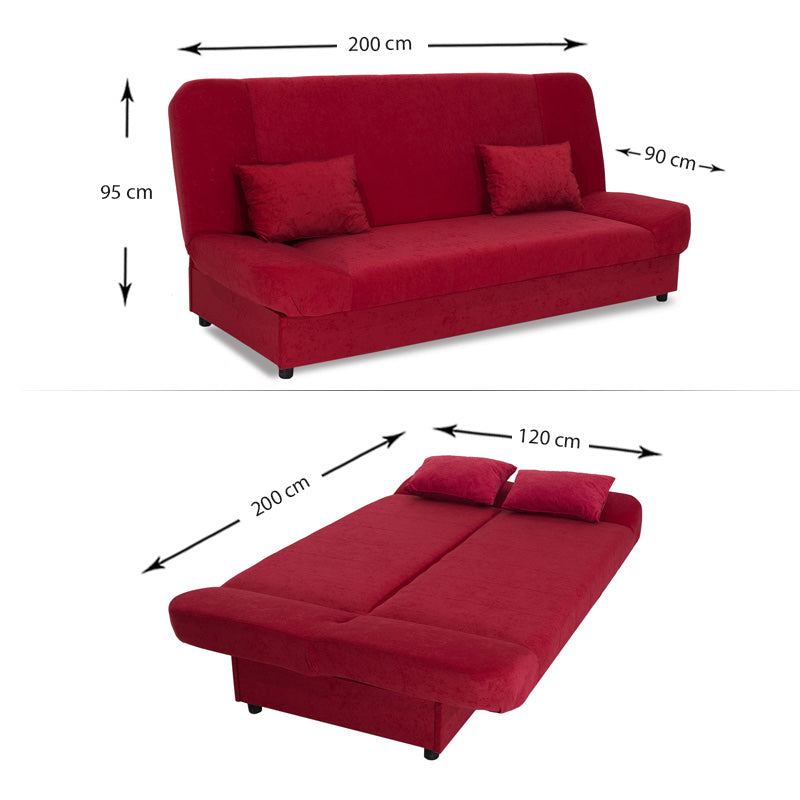 LANA 3 Seater Sofa/Bed in red, showcasing its stylish design and multifunctional features.