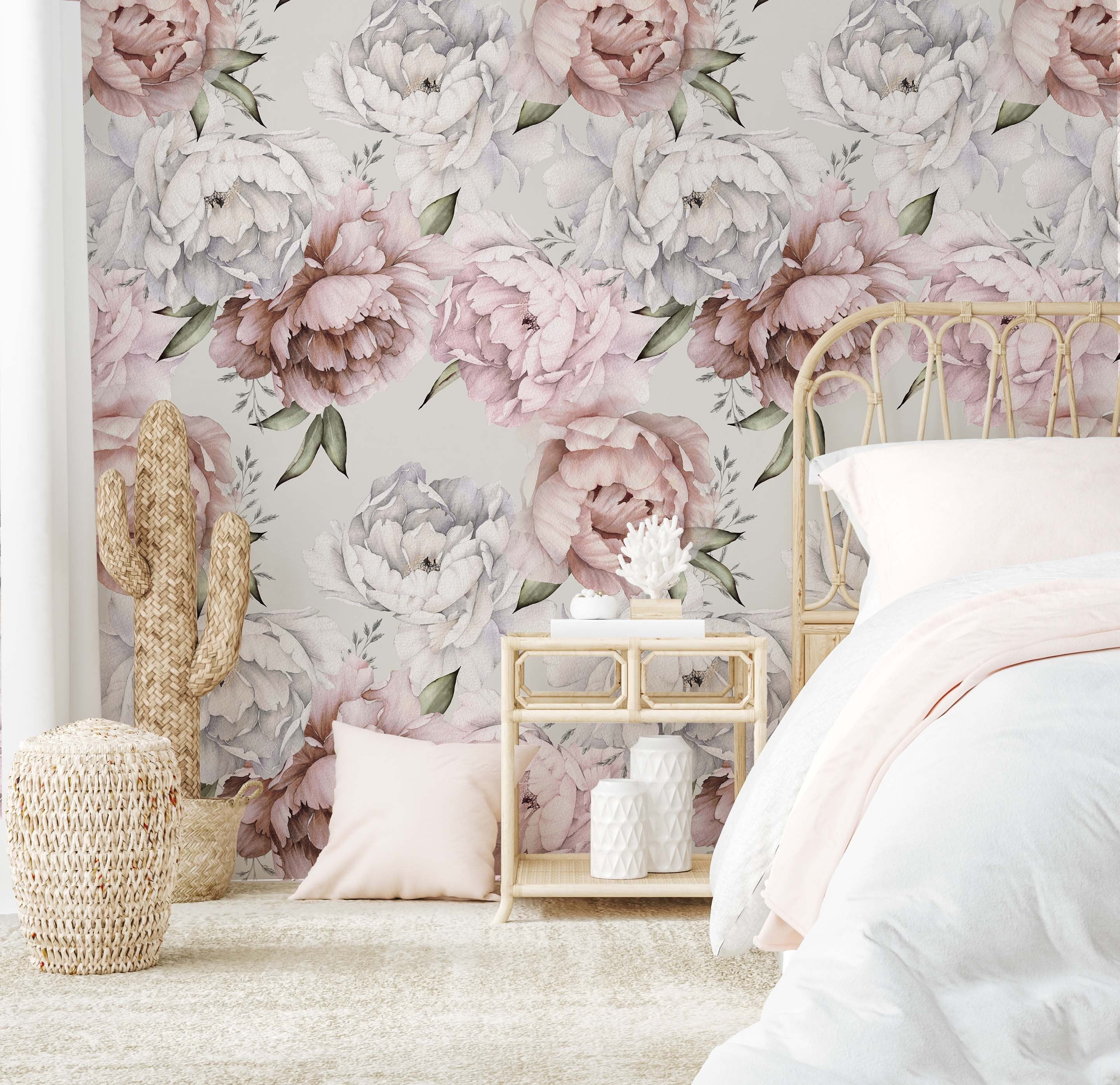 Soft Vintage Peony wallpaper featuring delicate dusty pink peonies on a light background, perfect for home decor.