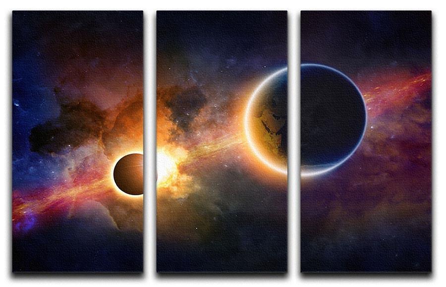 A stunning 3-panel canvas print featuring a solar eclipse, nebula, and stars, perfect for home decor.