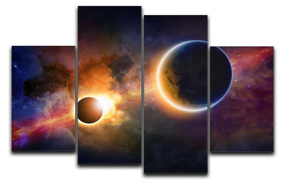 A stunning 4-split canvas artwork depicting a solar eclipse surrounded by a colorful nebula and stars, creating a dynamic visual effect.