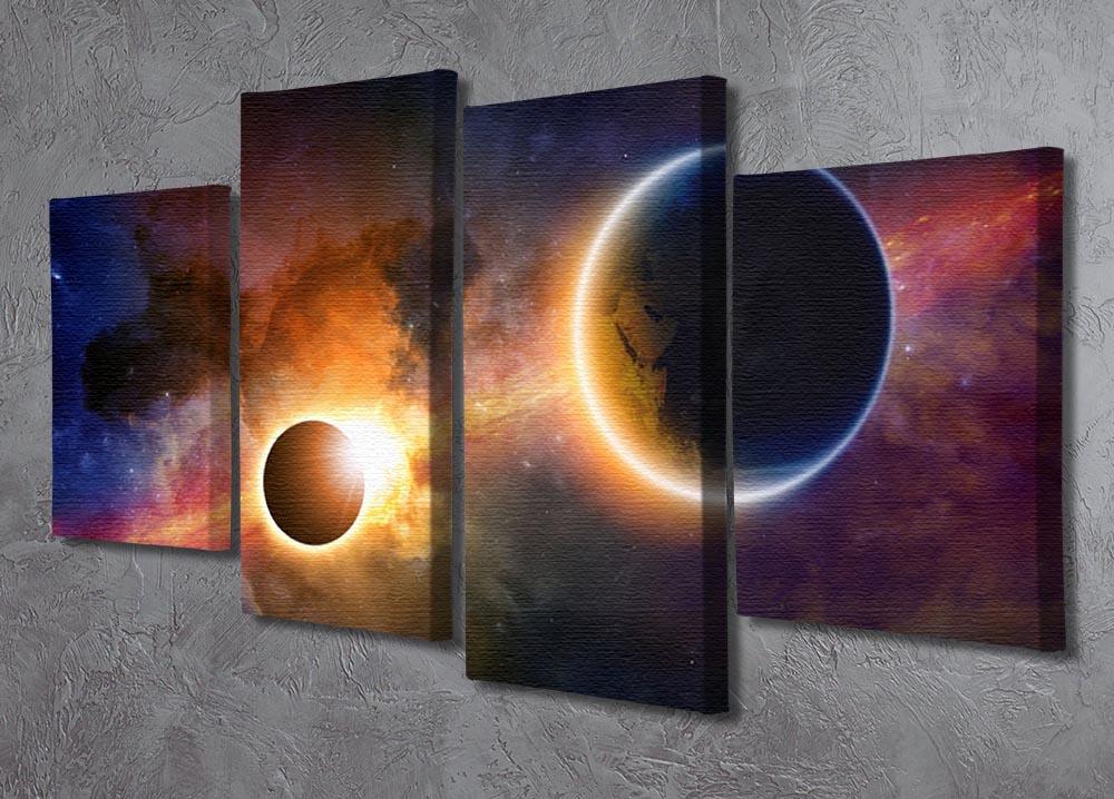 A stunning 4-split canvas artwork depicting a solar eclipse surrounded by a colorful nebula and stars, creating a dynamic visual effect.