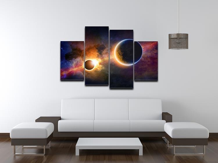 A stunning 4-split canvas artwork depicting a solar eclipse surrounded by a colorful nebula and stars, creating a dynamic visual effect.