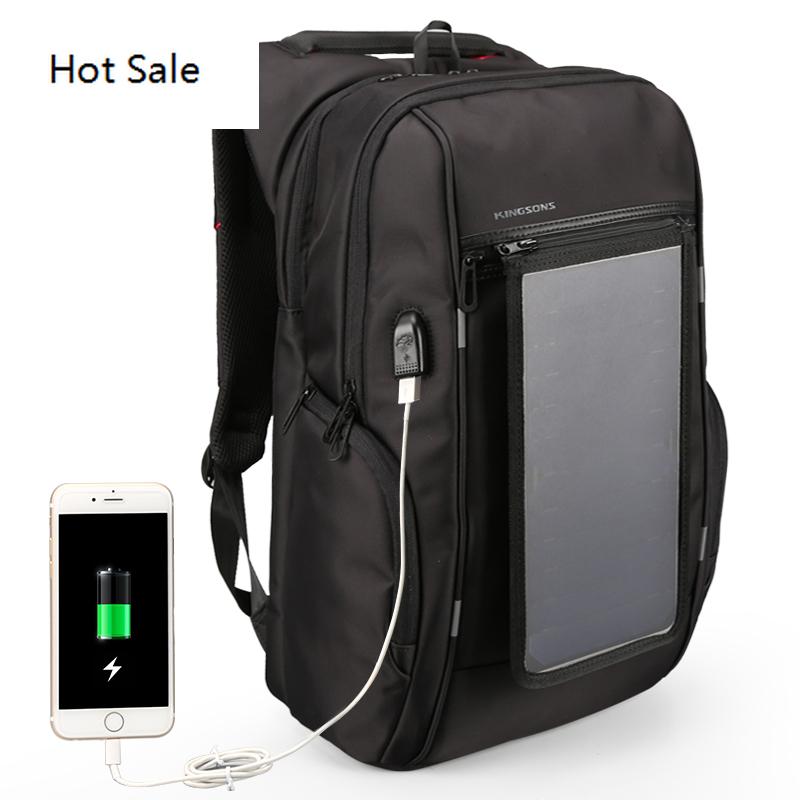 Solar Panel Backpack designed for men, featuring a 17-inch laptop compartment and solar charging capability, made from durable nylon material.