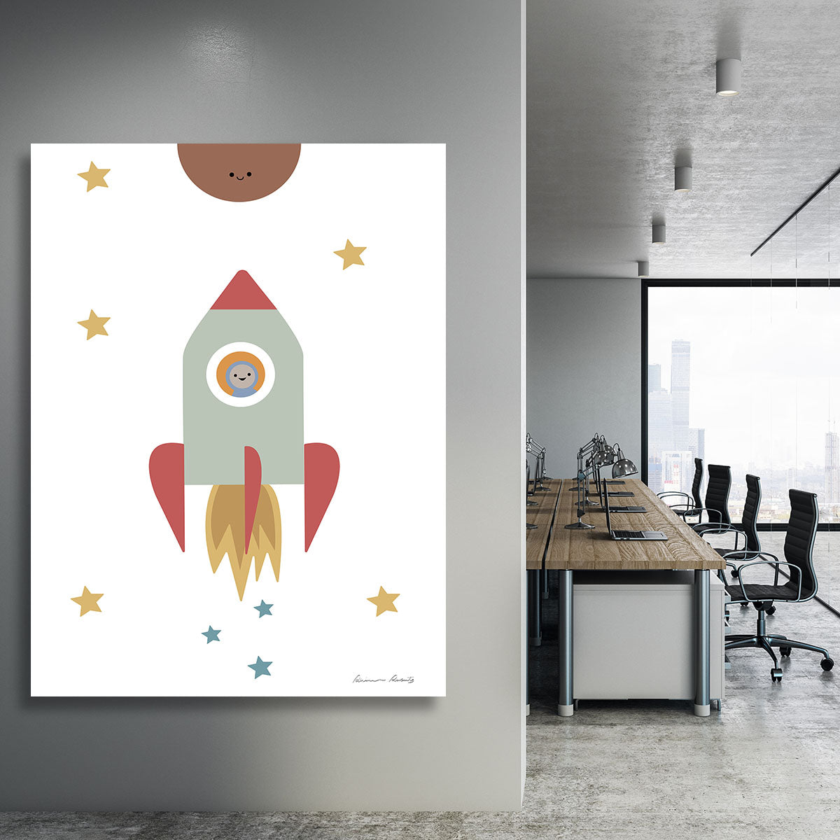 A vibrant Solar Rocket Canvas Print showcasing a colorful rocket soaring through a starry sky, perfect for modern decor.