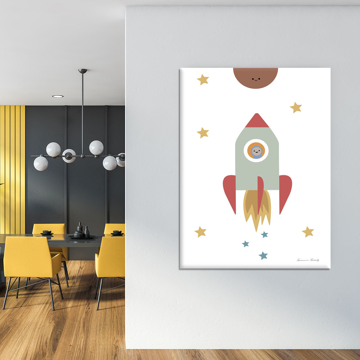 A vibrant Solar Rocket Canvas Print showcasing a colorful rocket soaring through a starry sky, perfect for modern decor.
