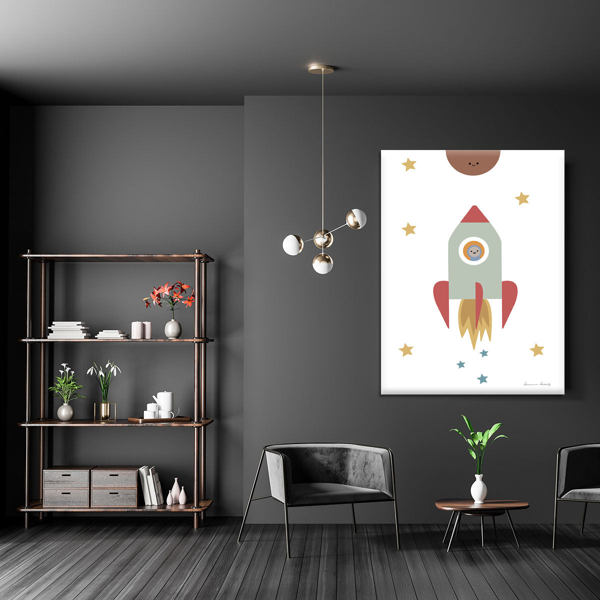 A vibrant Solar Rocket Canvas Print showcasing a colorful rocket soaring through a starry sky, perfect for modern decor.