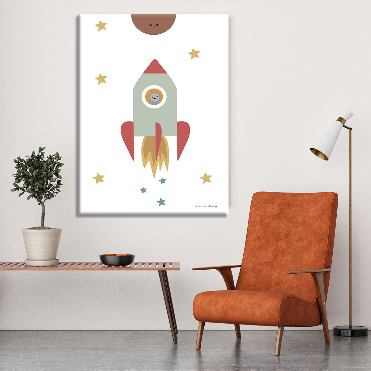 A vibrant Solar Rocket Canvas Print showcasing a colorful rocket soaring through a starry sky, perfect for modern decor.