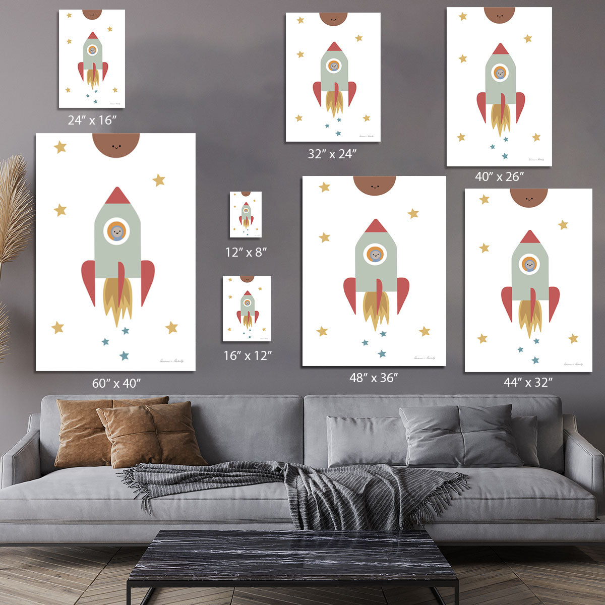 A vibrant Solar Rocket Canvas Print showcasing a colorful rocket soaring through a starry sky, perfect for modern decor.