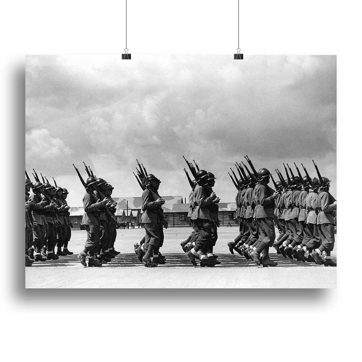 Canvas print of soldiers marching in formation, showcasing strength and unity in a military theme.