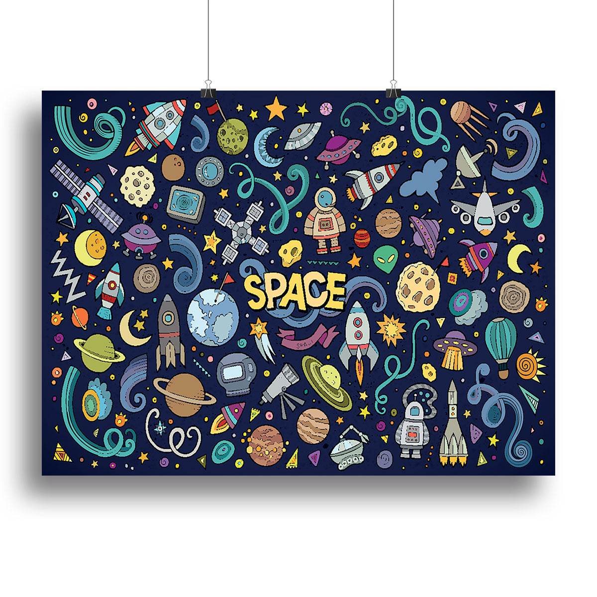 A vibrant Space Doodles canvas print featuring abstract designs and colorful patterns, perfect for home or office decor.