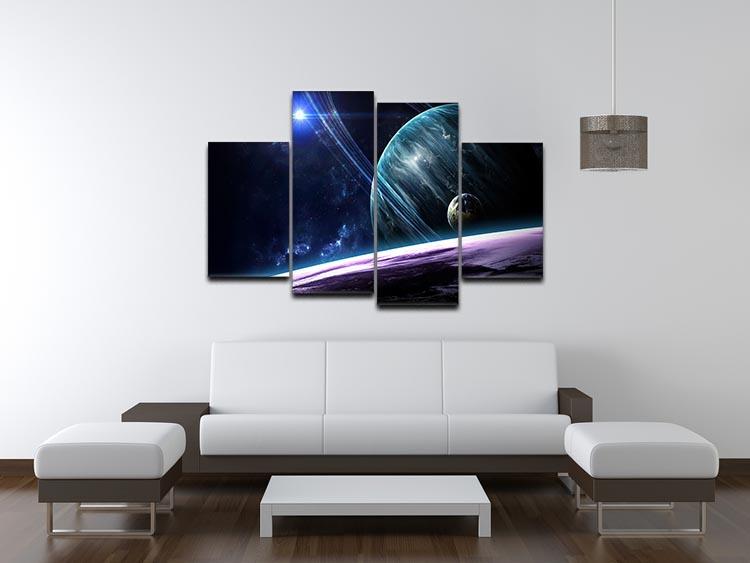 A vibrant 4-split canvas artwork featuring stunning planets and celestial bodies in a cosmic scene.