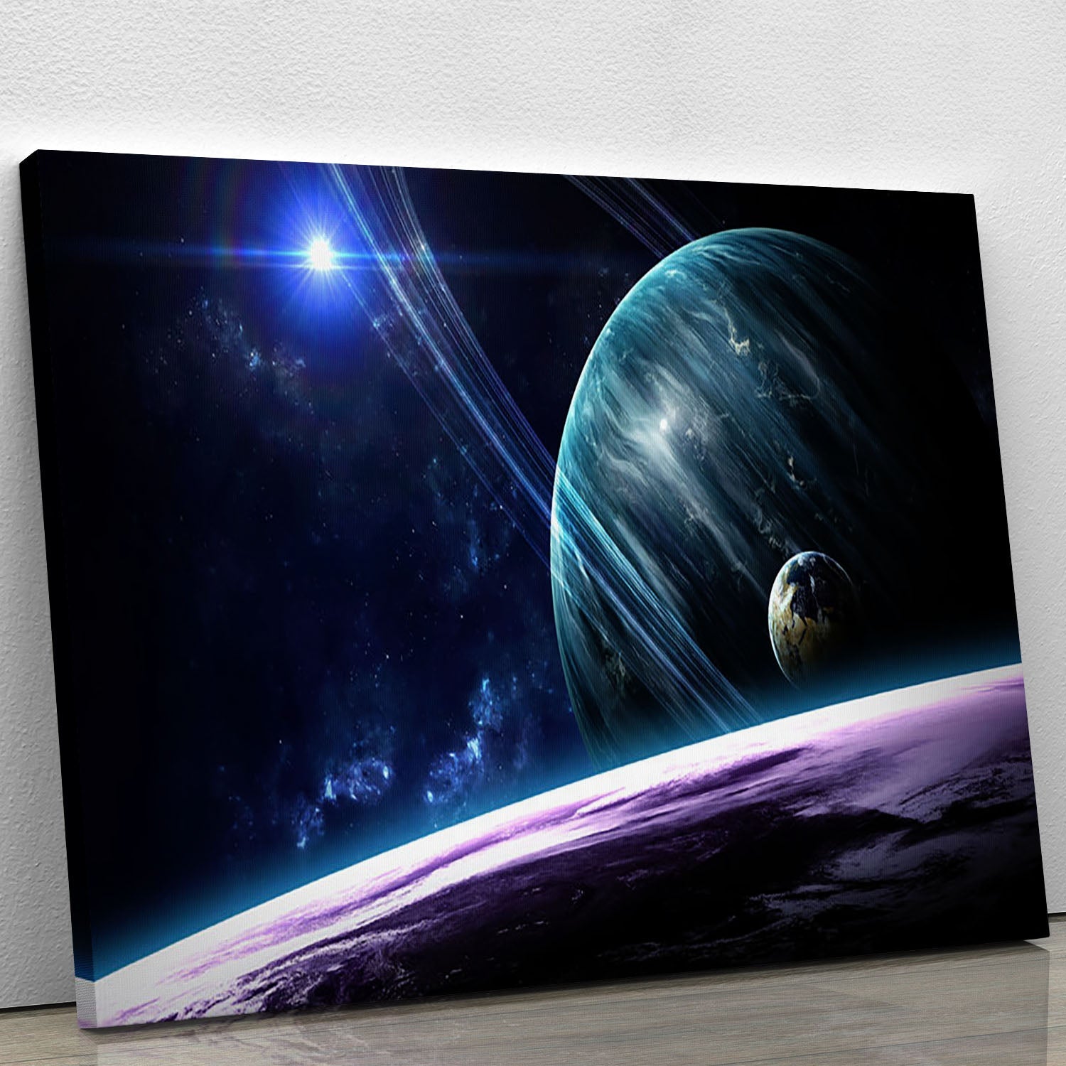 A vibrant Space Planets Canvas Print showcasing colorful planets and stars, perfect for home or office decor.