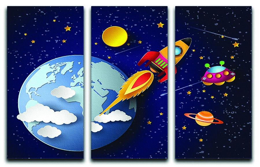 Three-panel canvas print featuring a space rocket launch and galaxy design, showcasing vibrant colors and intricate details.
