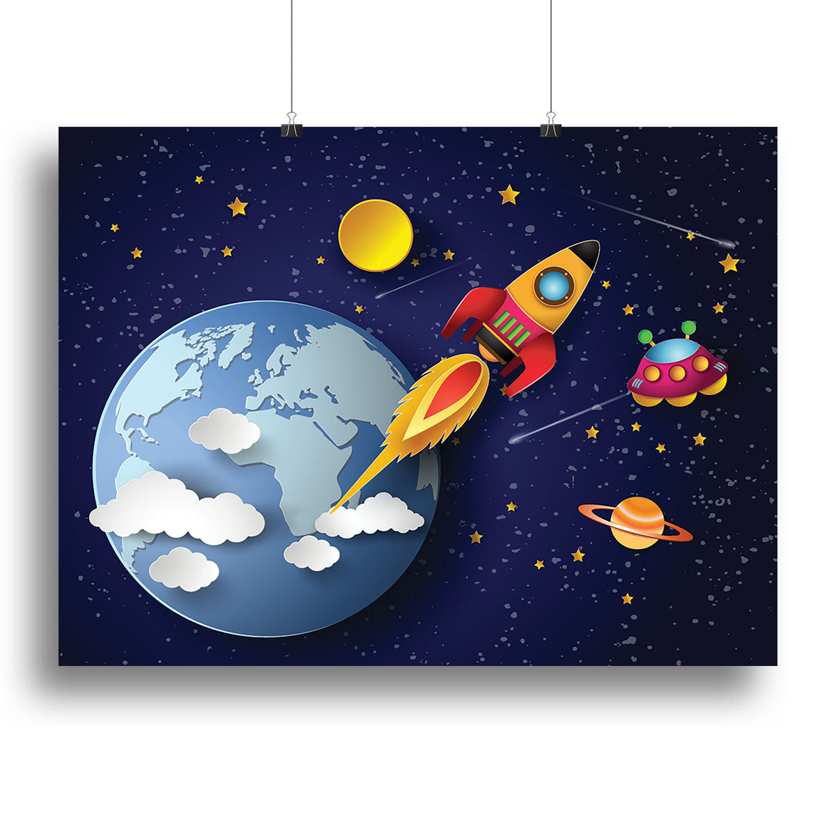 A vibrant canvas print featuring a rocket launch against a stunning galaxy backdrop, showcasing the beauty of space exploration.
