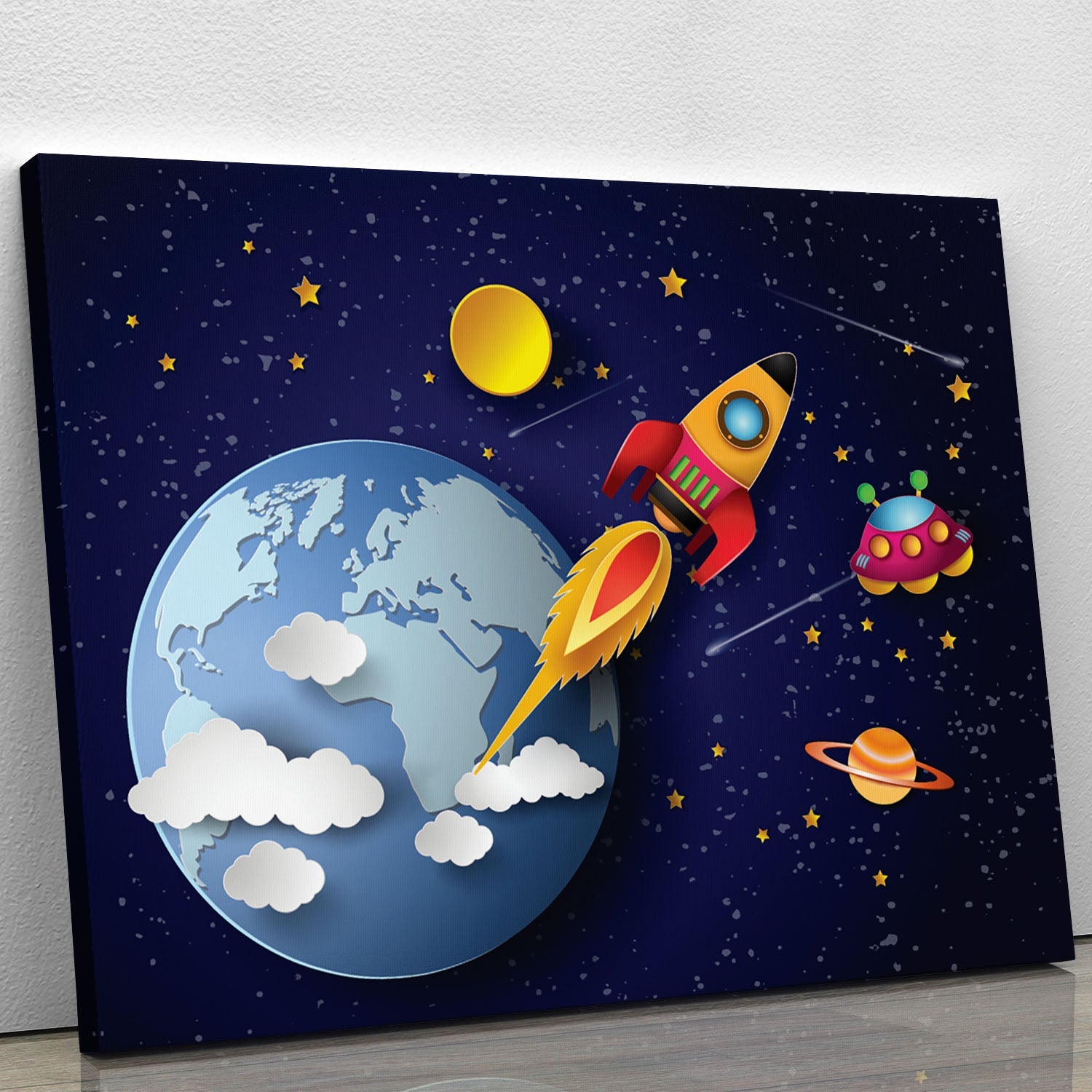 A vibrant canvas print featuring a rocket launch against a stunning galaxy backdrop, showcasing the beauty of space exploration.