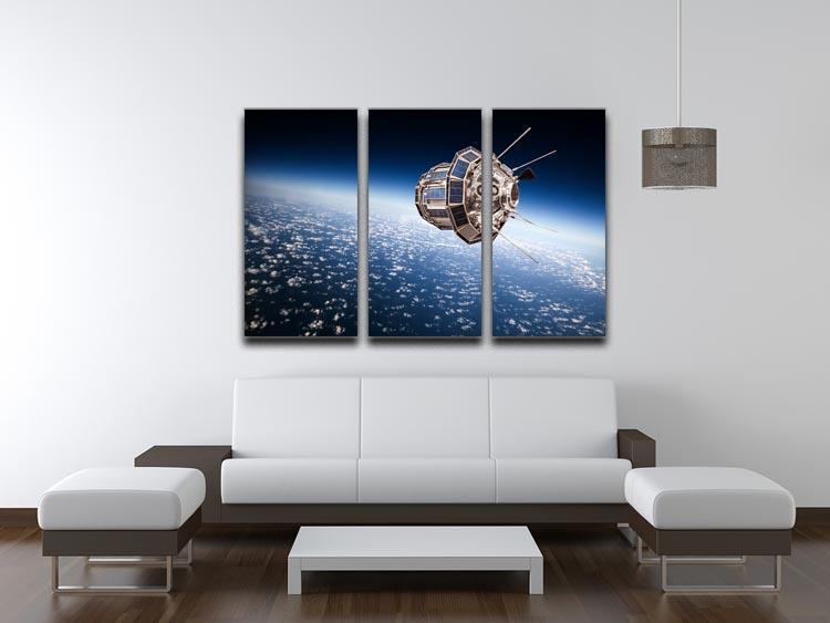 A stunning 3-panel canvas print depicting a space satellite orbiting the Earth, showcasing vibrant colors and intricate details.